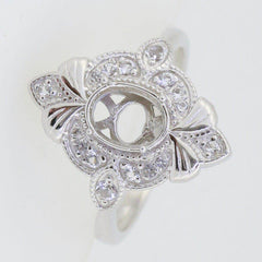 Sterling Silver Semi Mount Ring Setting Oval OV 7X5mm Art Deco Style - Syzjewelry