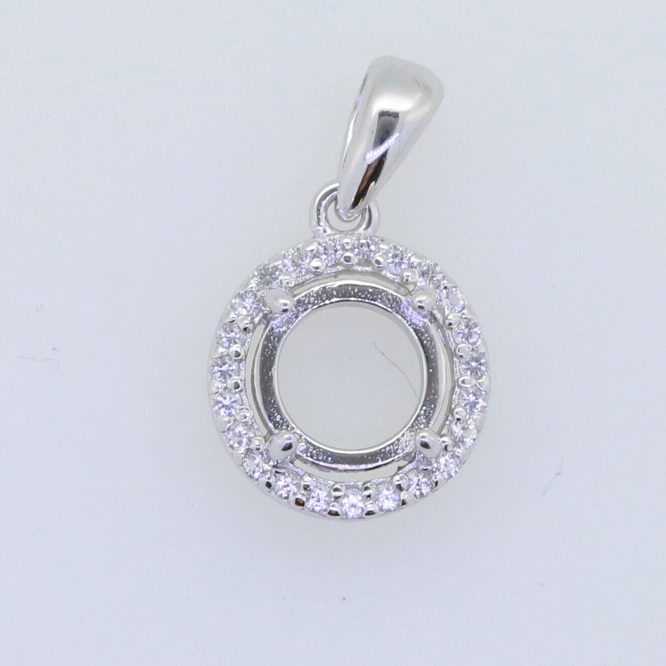 Sterling Silver Semi Mount Pendant Setting Round RD 7x7mm Halo Topaz Cab