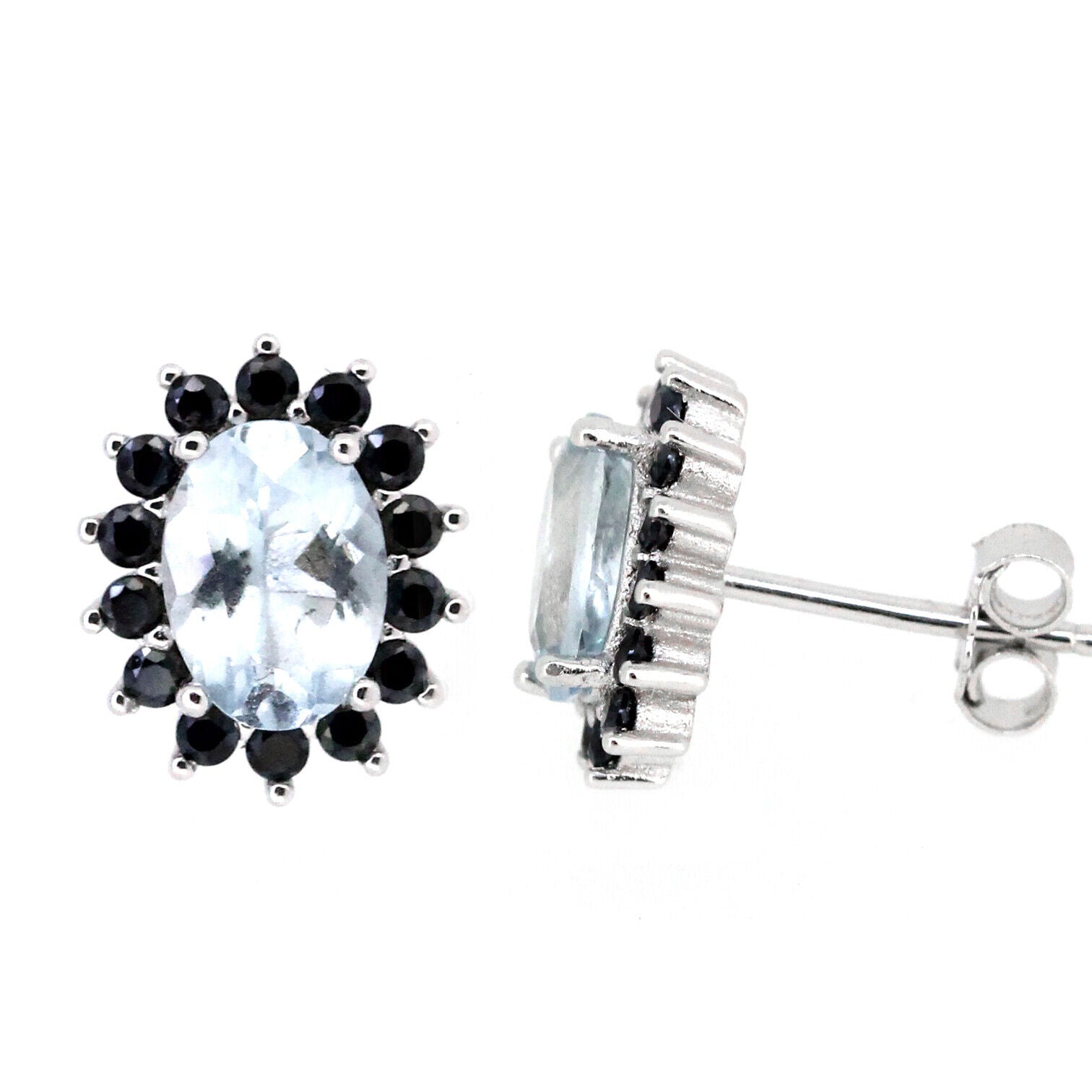 1.5 Carat Genuine Natural Aquamarine Earrings Sterling Silver Halo Stud w Spinel
