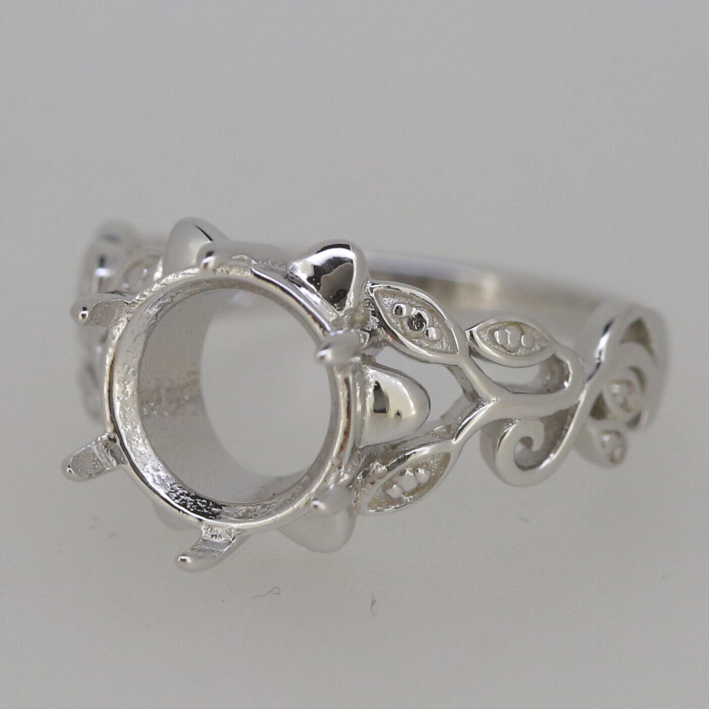 Art Nouveau Style Sterling Silver Semi Mount Ring Setting Round RD 10x10mm D