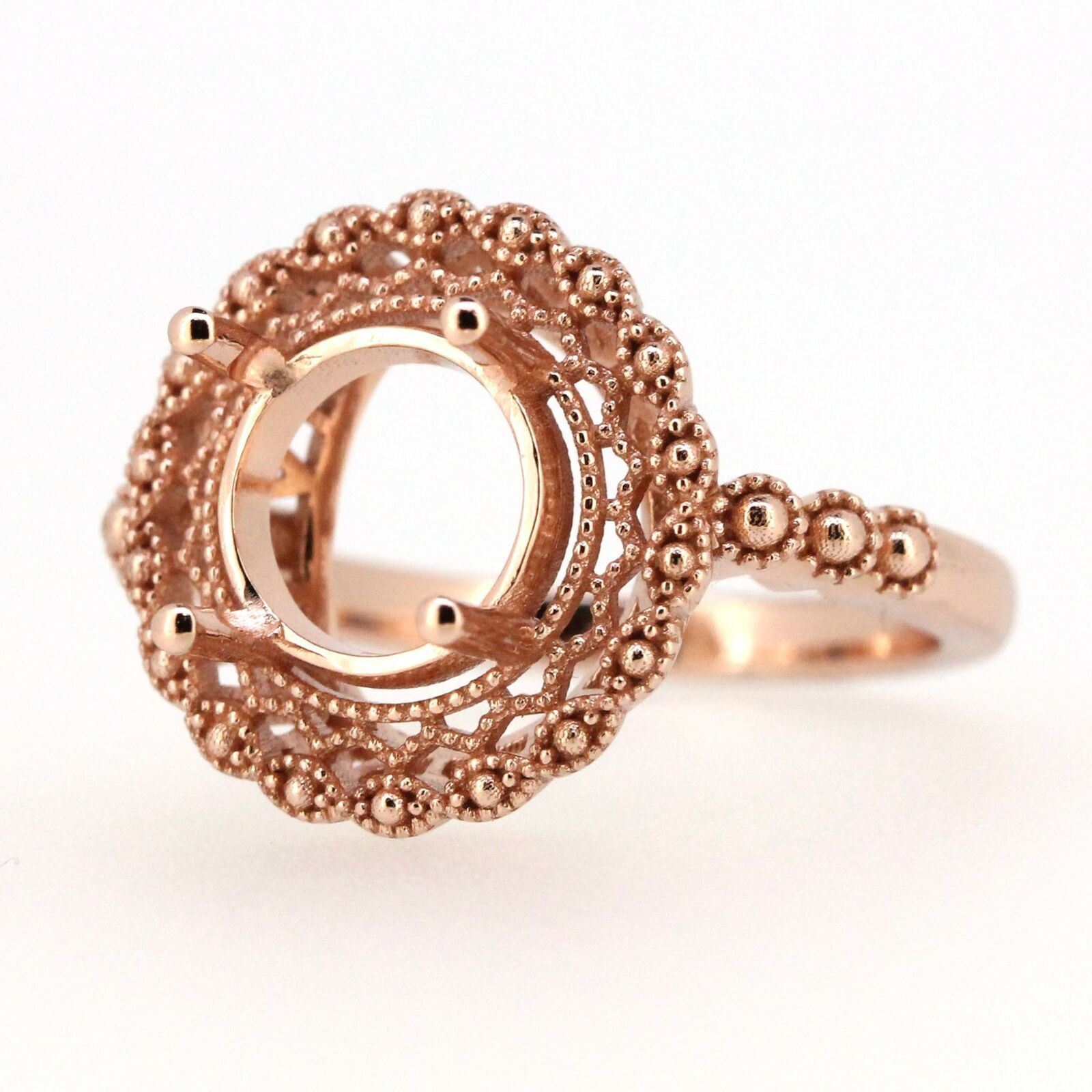 Art Deco Style 14K Rose Gold Semi Mount Ring Setting Round RD 9x9mm