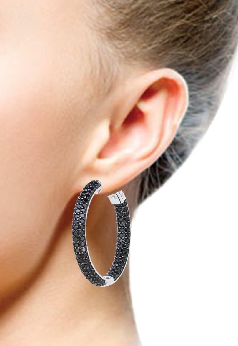 1.25" Sterling Silver Black Spinel Round Hoop Earrings (4.6 CT.T.W)