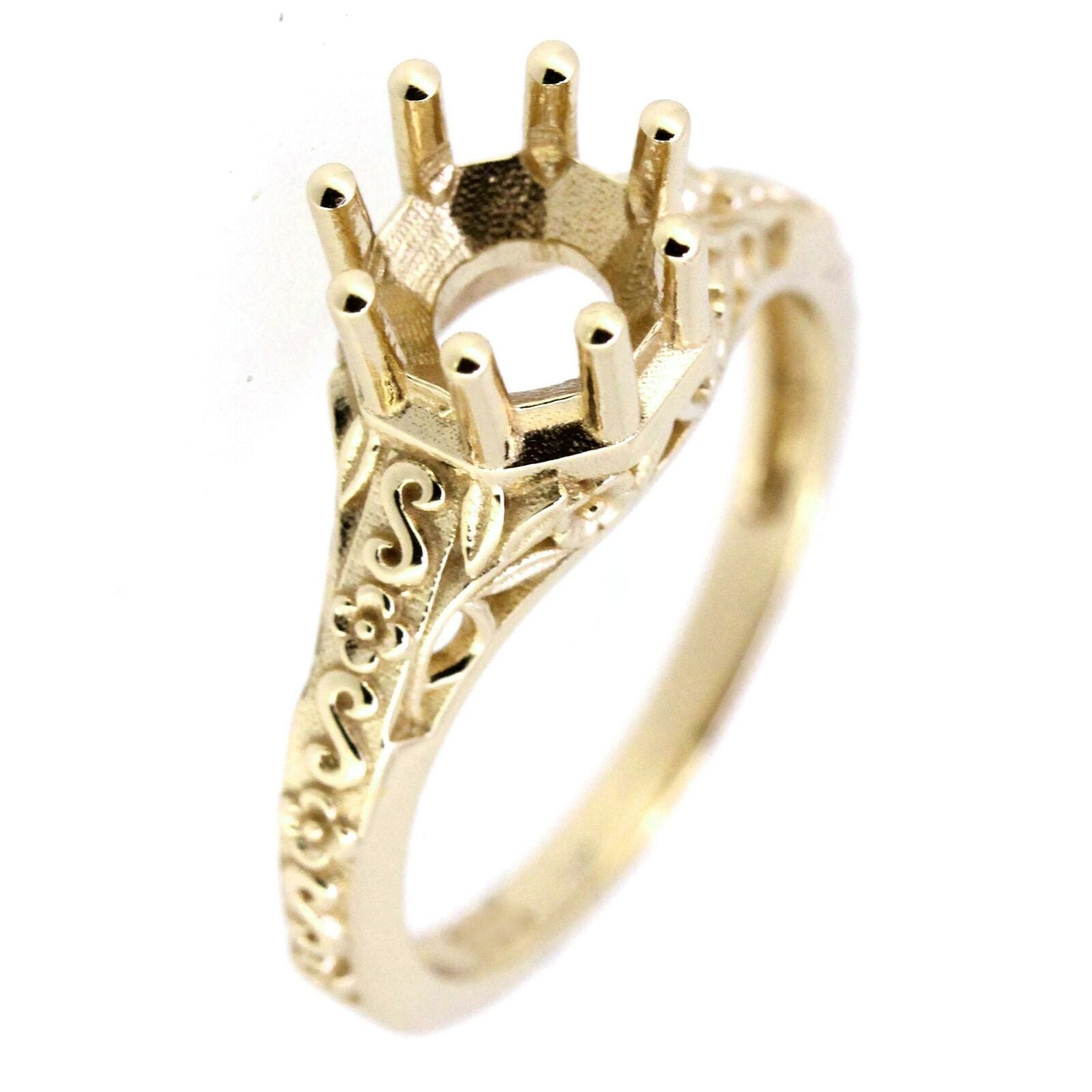 Art Deco Style 14K Yellow Gold Semi Mount Ring Setting Round RD 6x6mm PreorderGR