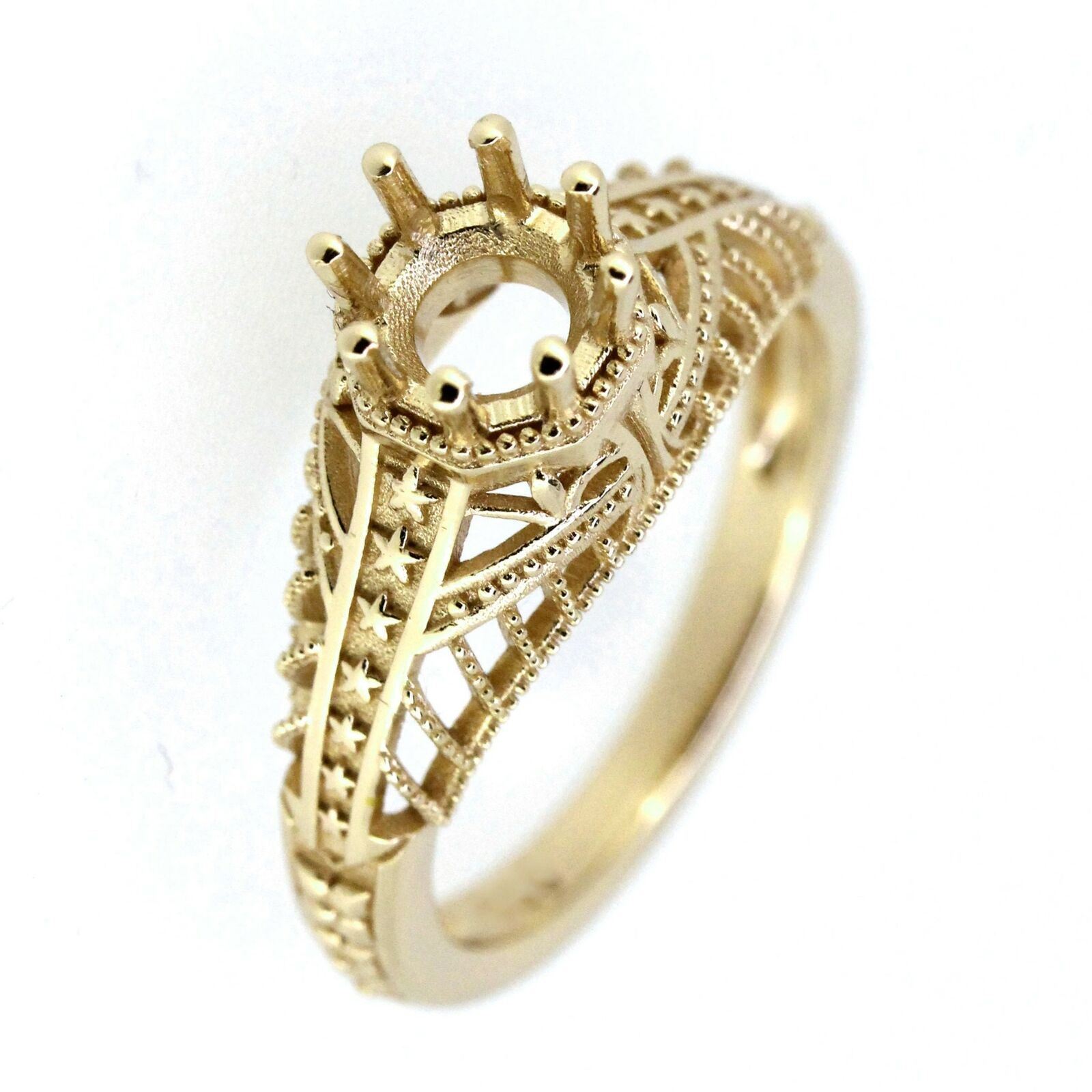 Art Deco Style 14K Yellow Gold Semi Mount Ring Setting Round RD 6x6mm Solid