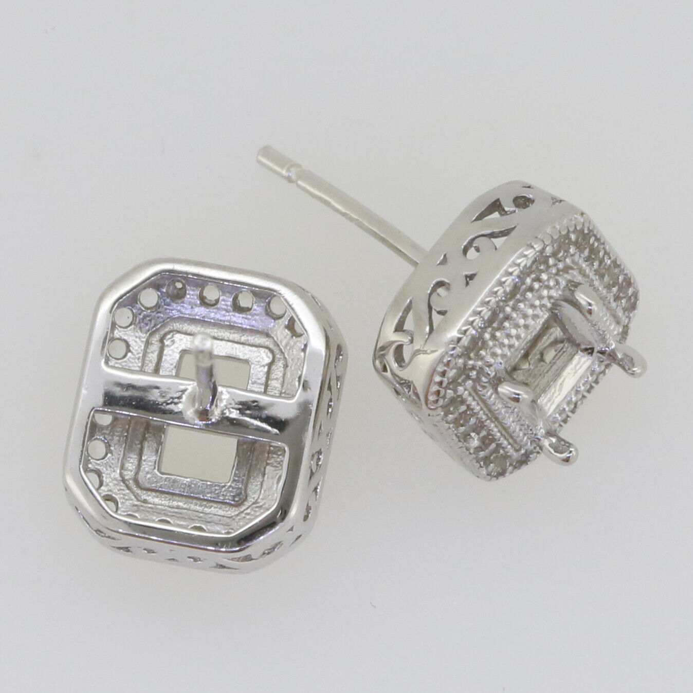 Sterling Silver Semi Mount Earrings Setting Emerald OCT 6x4mm Stud W/ Milgrain