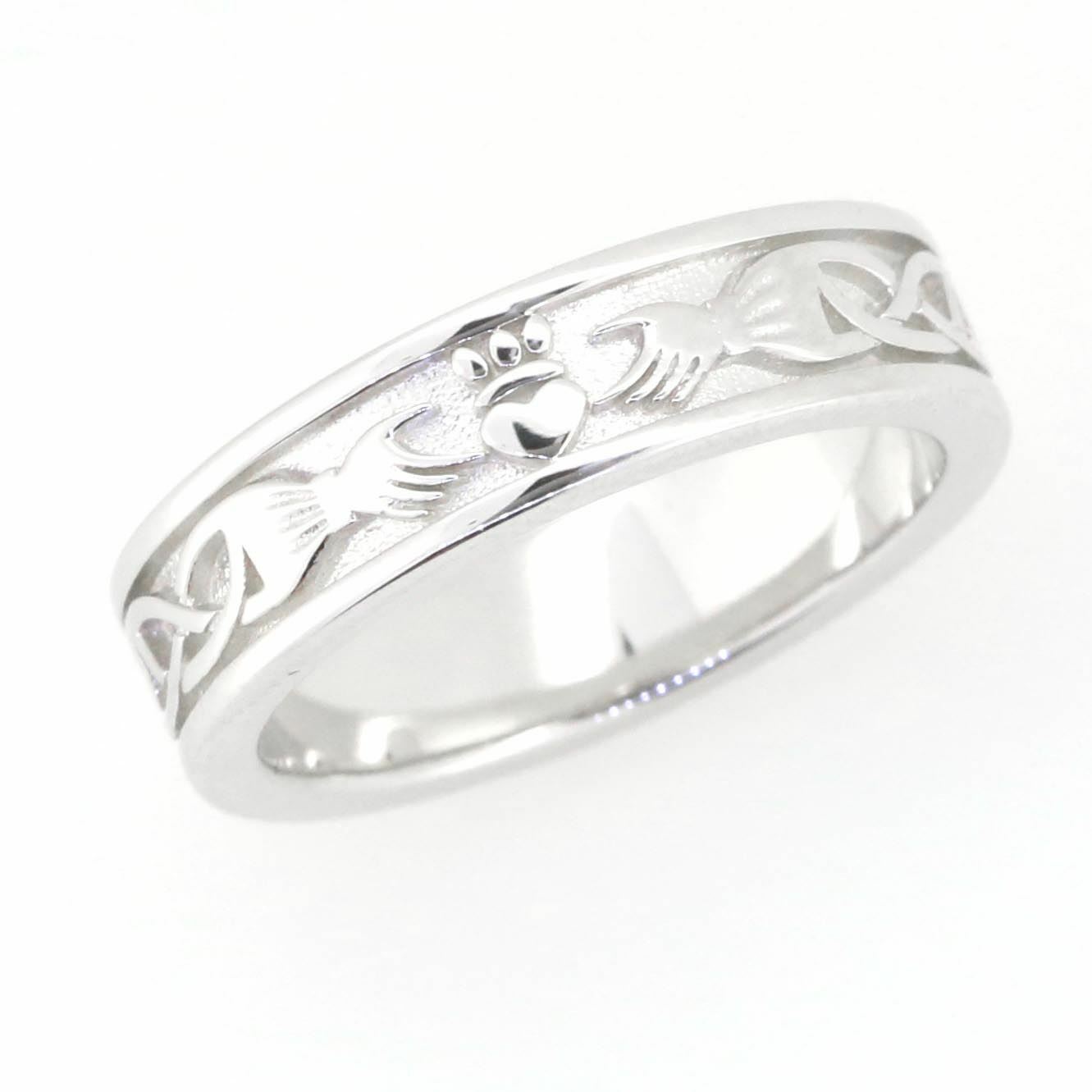 14K White Gold 5 mm Claddagh Band Celtic Knot Ring