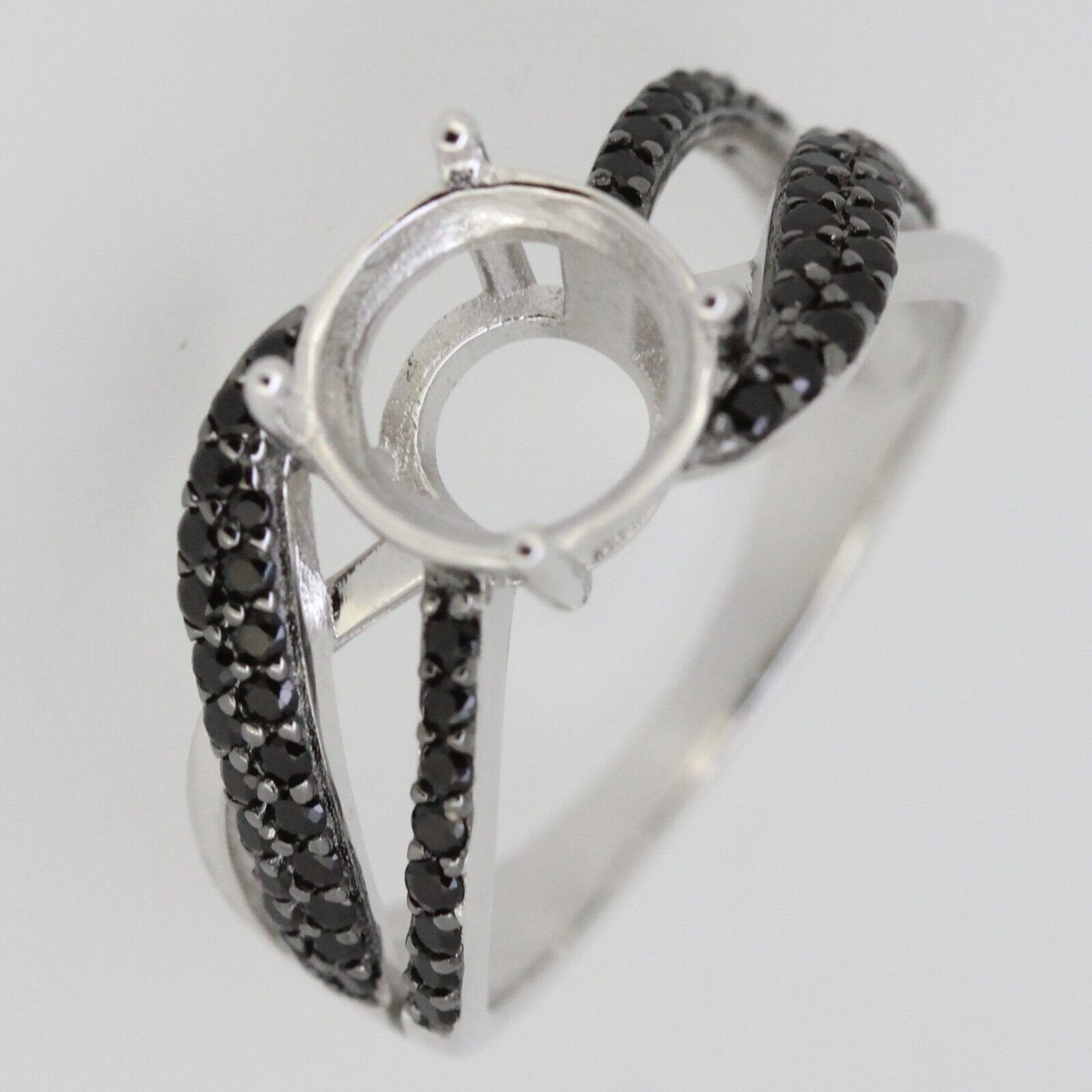 Sterling Silver Semi Mount Ring Setting Round RD 9x9mm Black Spinel Wh