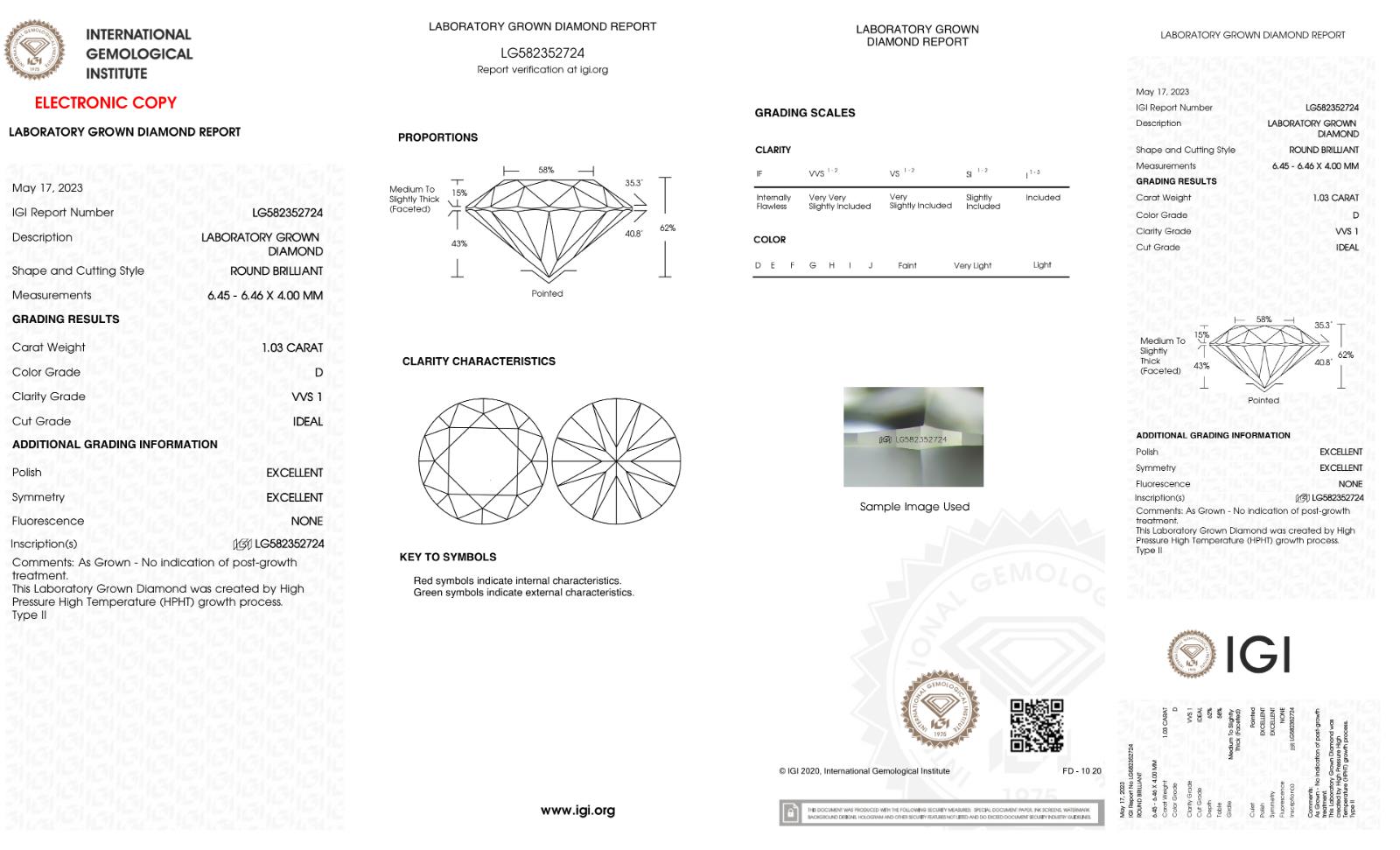 Loose CVD Diamond Round Faceted RD 1 Carat D color VVS1 IGI Certificaiton