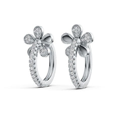 Sterling Silver Hoop Earrings with White Topaz or Moissanite Flower Theme Syzjewelry