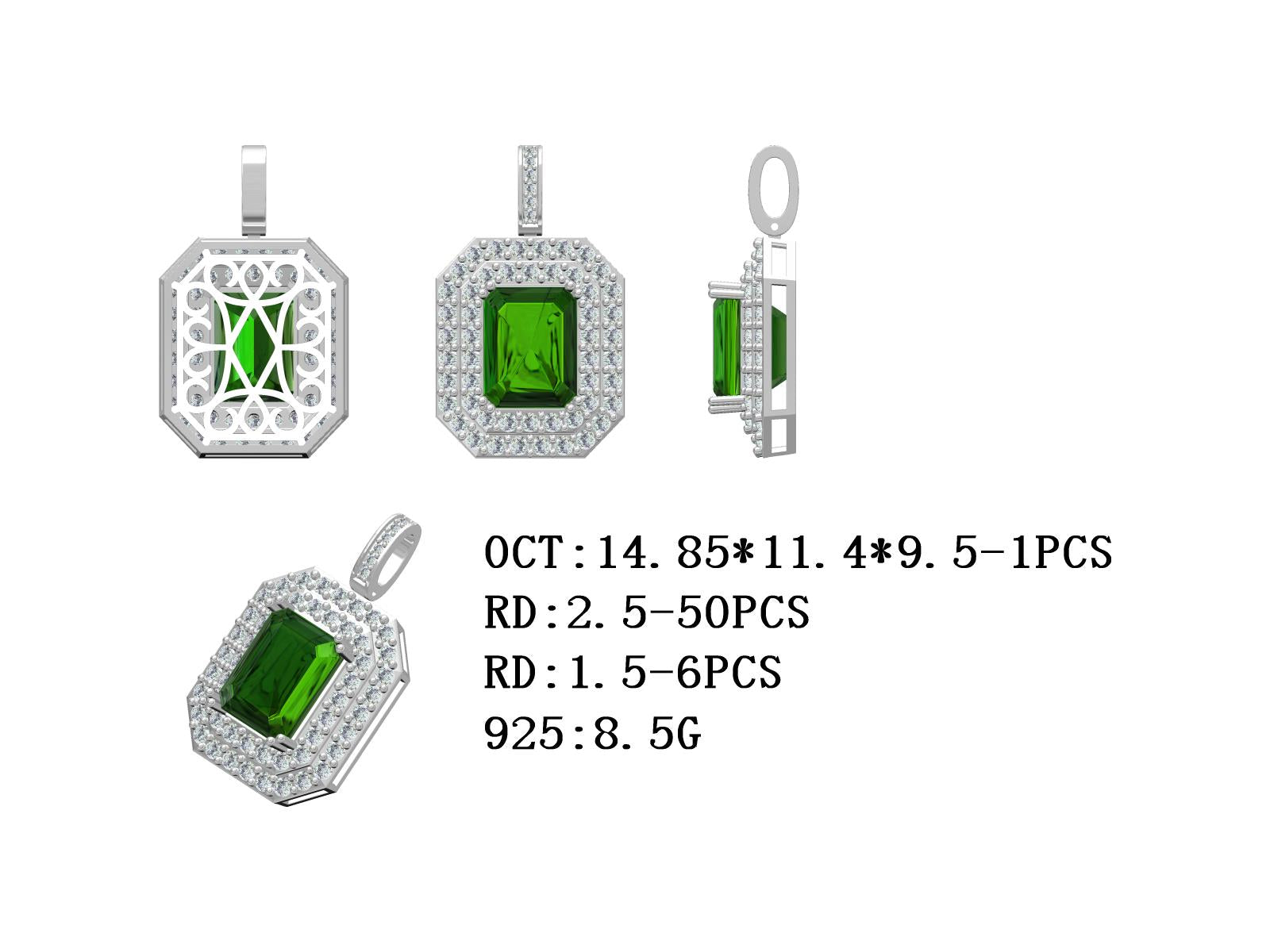 Sterling Silver Semi Mount Pendant Setting Emerald OCT 14.8x Syzjewelry