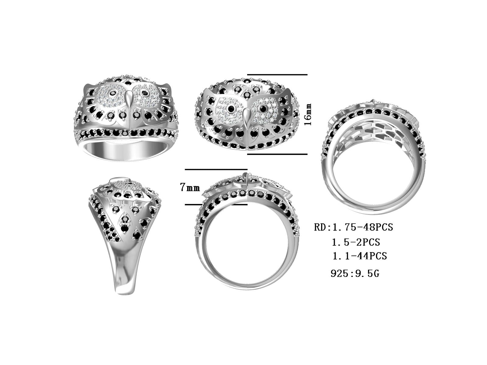 Sterling Silver Owl Theme Dome Ring with Round Diamond or Moissanite - Syzjewelry