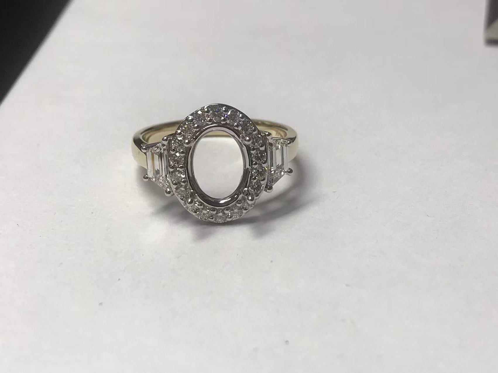 14K White Gold and Yellow Gold Semi Mount Ring Setting OV 9.6x7.2x5.2mm with Natural Diamond Accents Size 7.5 Syzjewelry