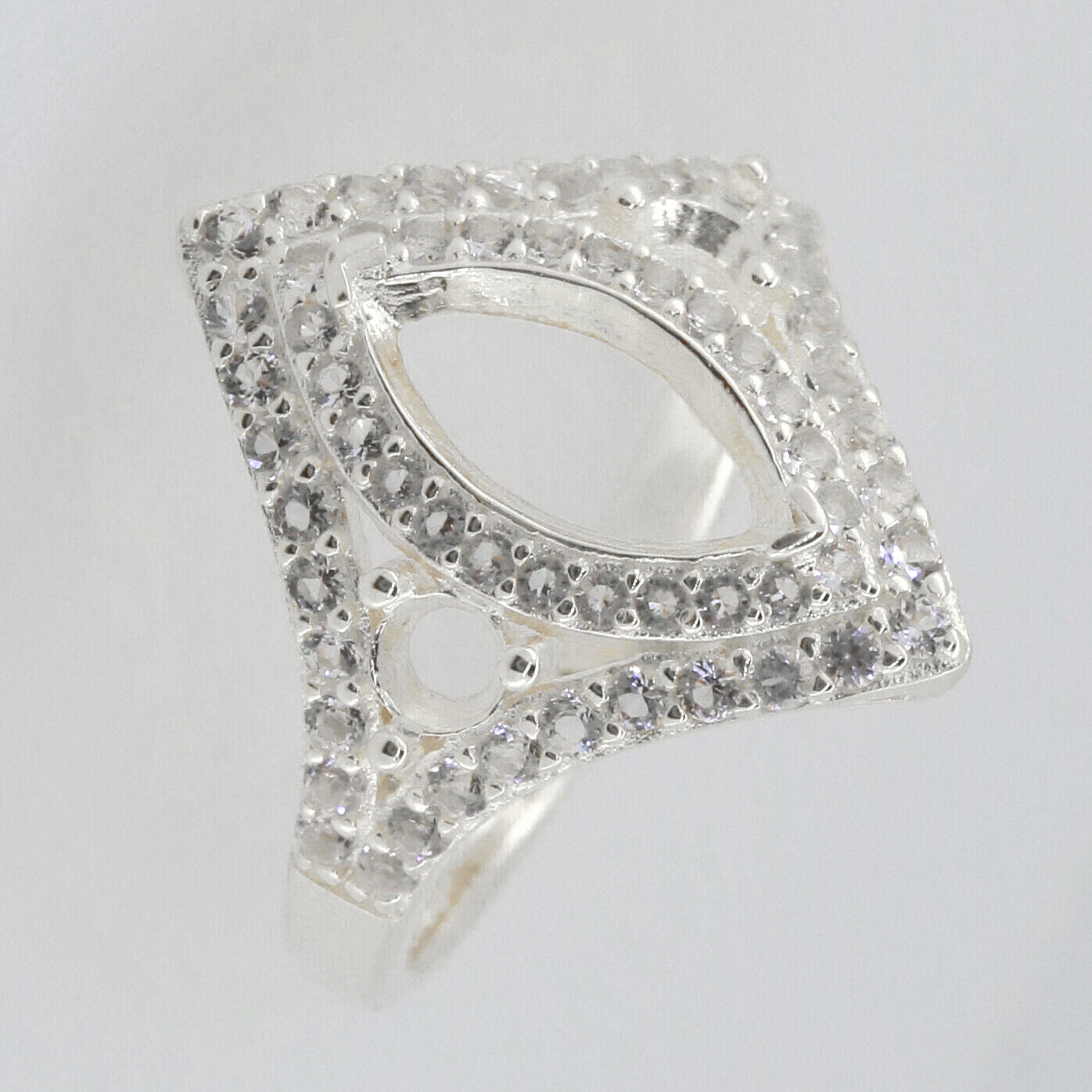 Sterling Silver Semi Mount Ring Setting MQ 12X6mm RD 3.5mm 3 Stones Double Halo Syzjewelry