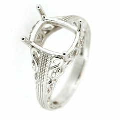 Art Deco Style Sterling Silver Semi Mount Ring Setting Cushion Cu 10x8mm - Syzjewelry