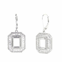 Sterling Silver Semi Mount Earrings Setting Emerald OCT 9X7mm Triple Halo Baguette - Syzjewelry