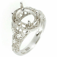 Filigree Sterling Silver Semi Mount Ring Setting Oval OV 9x7mm Vintage Repro - Syzjewelry