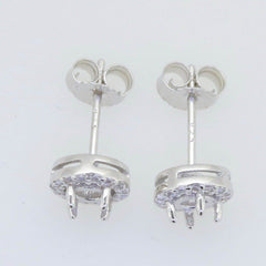 Sterling Silver Semi Mount Earrings Setting Round RD 4X4mm Halo Stud Topaz Cab - Syzjewelry