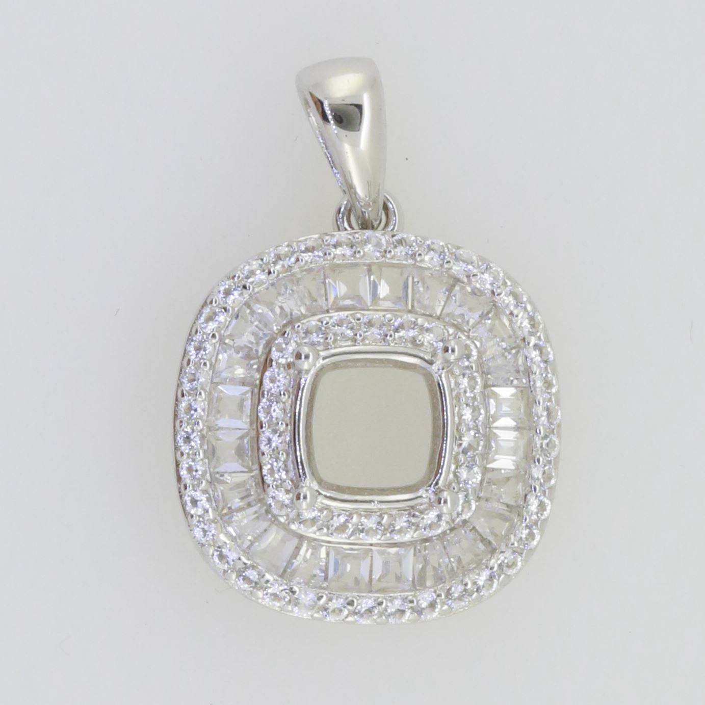 Sterling Silver Semi Mount Pendant Setting Cushion CU 6X6mm Baguette Halo - Syzjewelry
