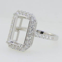 14K White Gold Semi Mount Ring Setting Emerald OCT 14X10mm Halo W/ Moissanite - Syzjewelry