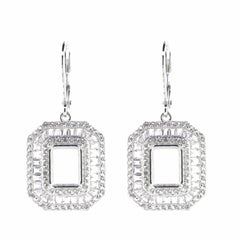 Sterling Silver Semi Mount Earrings Setting Emerald OCT 9X7mm Triple Halo Baguette - Syzjewelry