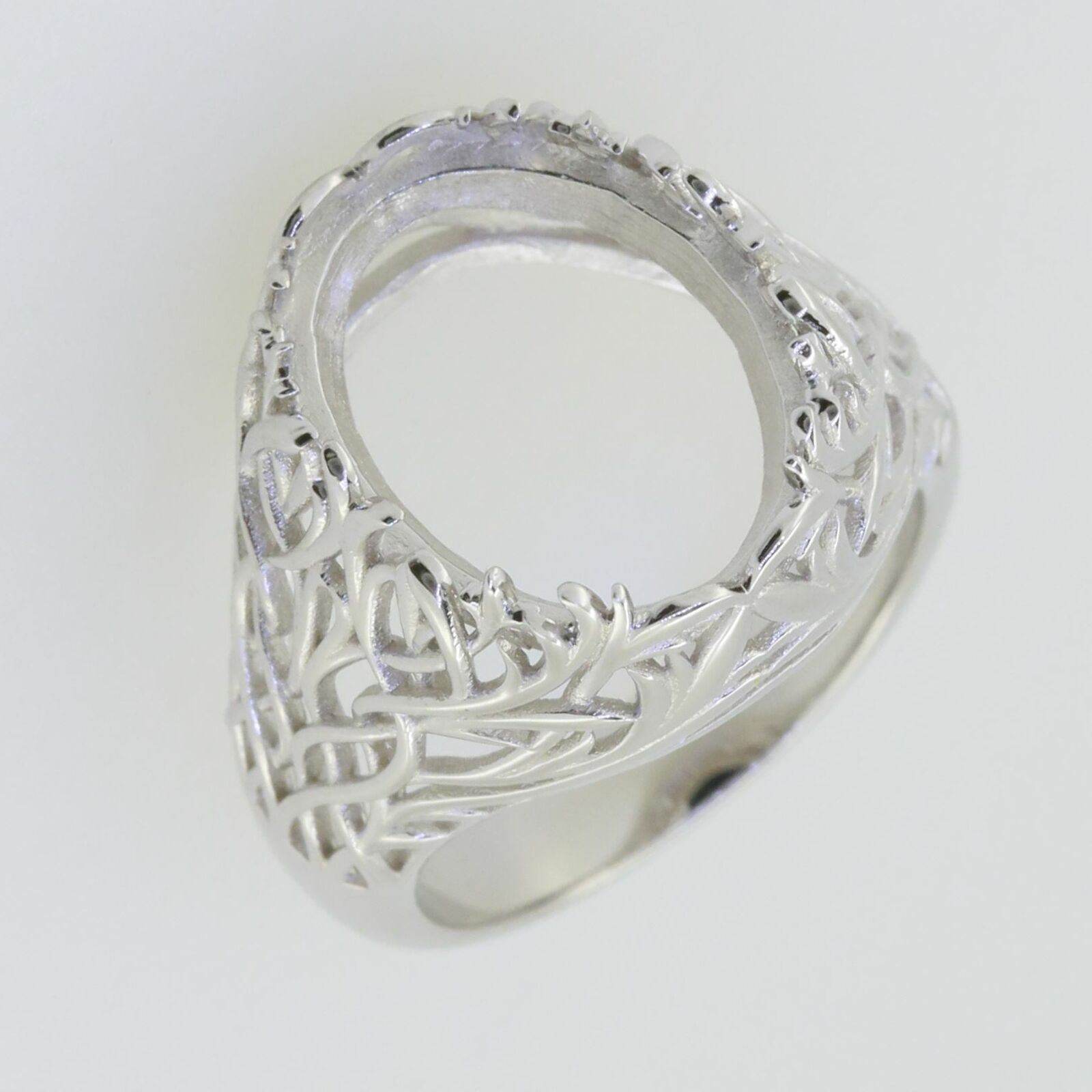 14K White Gold Semi Mount Ring Setting Oval OV 16x12mm Art Deco Style - Syzjewelry
