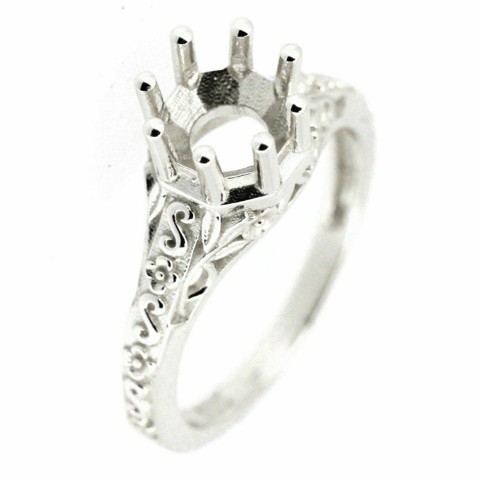 Art Deco Style Sterling Silver Semi Mount Ring Setting Round RD 6x6mm - Syzjewelry