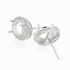 Sterling Silver Semi Mount Earrings Setting Oval OV 8x6mm Halo White Topaz - Syzjewelry