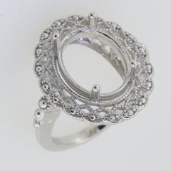 Art Deco Style Sterling Silver Semi Mount Ring Setting Oval OV 14x10mm - Syzjewelry