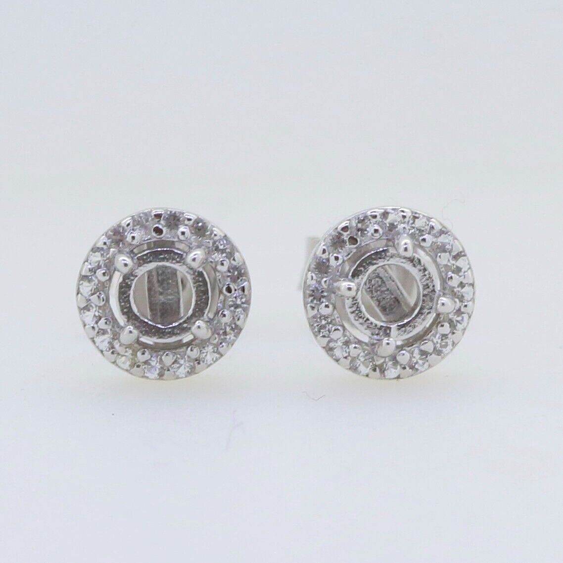 Sterling Silver Semi Mount Earrings Setting Round RD 4X4mm Halo Stud Topaz Cab - Syzjewelry
