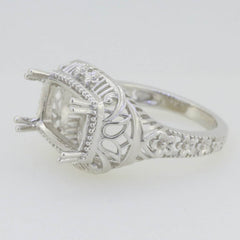 Sterling Silver Semi Mount Ring Setting Cushion Cu 12x8mm Art Deco Style - Syzjewelry