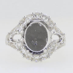 Sterling Silver Semi Mount Ring Setting Cab Oval OV 12x10mm OV 6x4 Halo 3 Stone - Syzjewelry