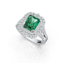 10K Gold Semi Mount Ring Setting Emerald OCT 10X8mm Double Halo Moissanite Accent DHJ