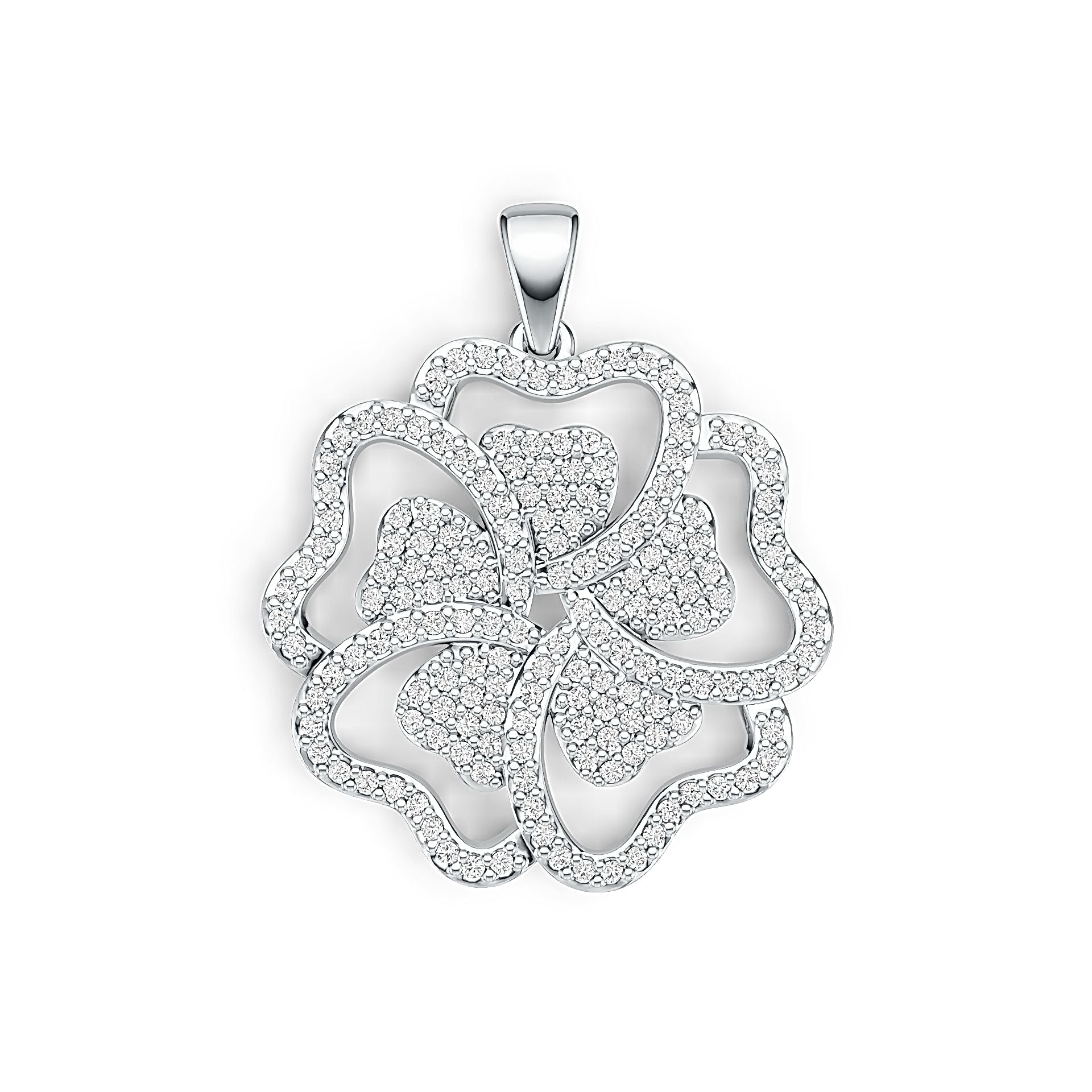 Silver floral pendant with clear stones on a white background