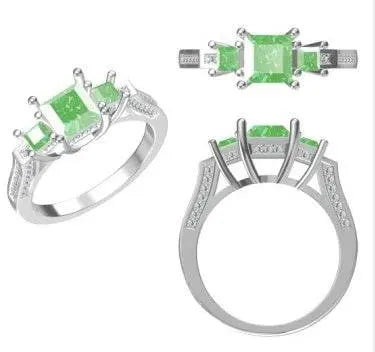 14K Gold Semi Mount Ring Setting Princess SQ 6x6mm 3x3mm 3 Stone Diamond Accent DHJ