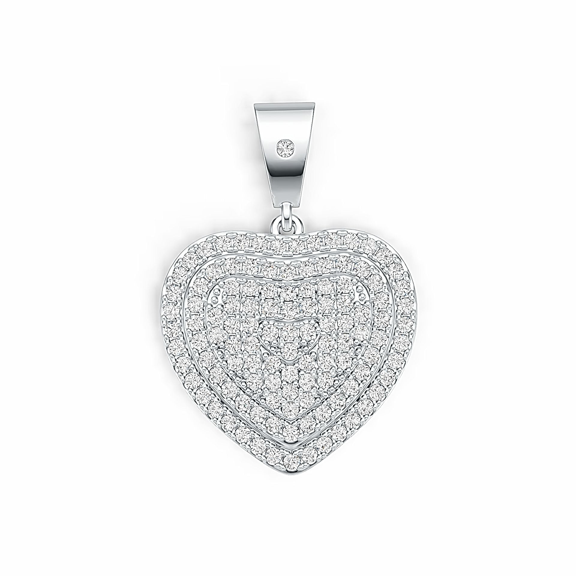 Heart-shaped silver pendant with clear stones on a white background