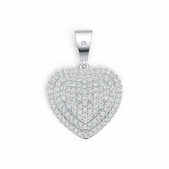 Heart-shaped silver pendant with clear stones on a white background