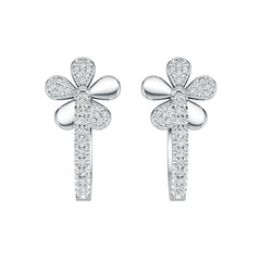 Sterling Silver Hoop Earrings with White Topaz or Moissanite Flower Theme Syzjewelry