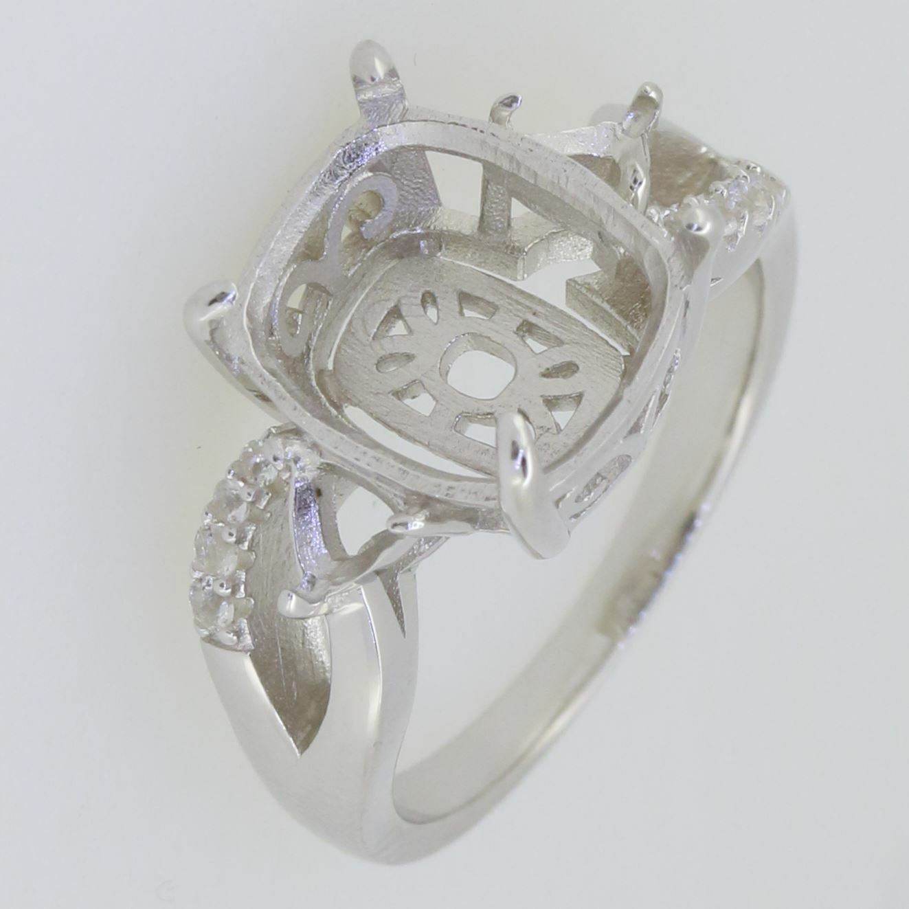 14K Gold Semi Mount Ring Setting Cushion CU 12X10mm Tri 4x4mm White Diamond Accent Syzjewelry