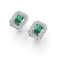 18K Gold Semi Mount Earrings Setting Emerald OCT 6X4mm Halo Diamond Accent DHJ