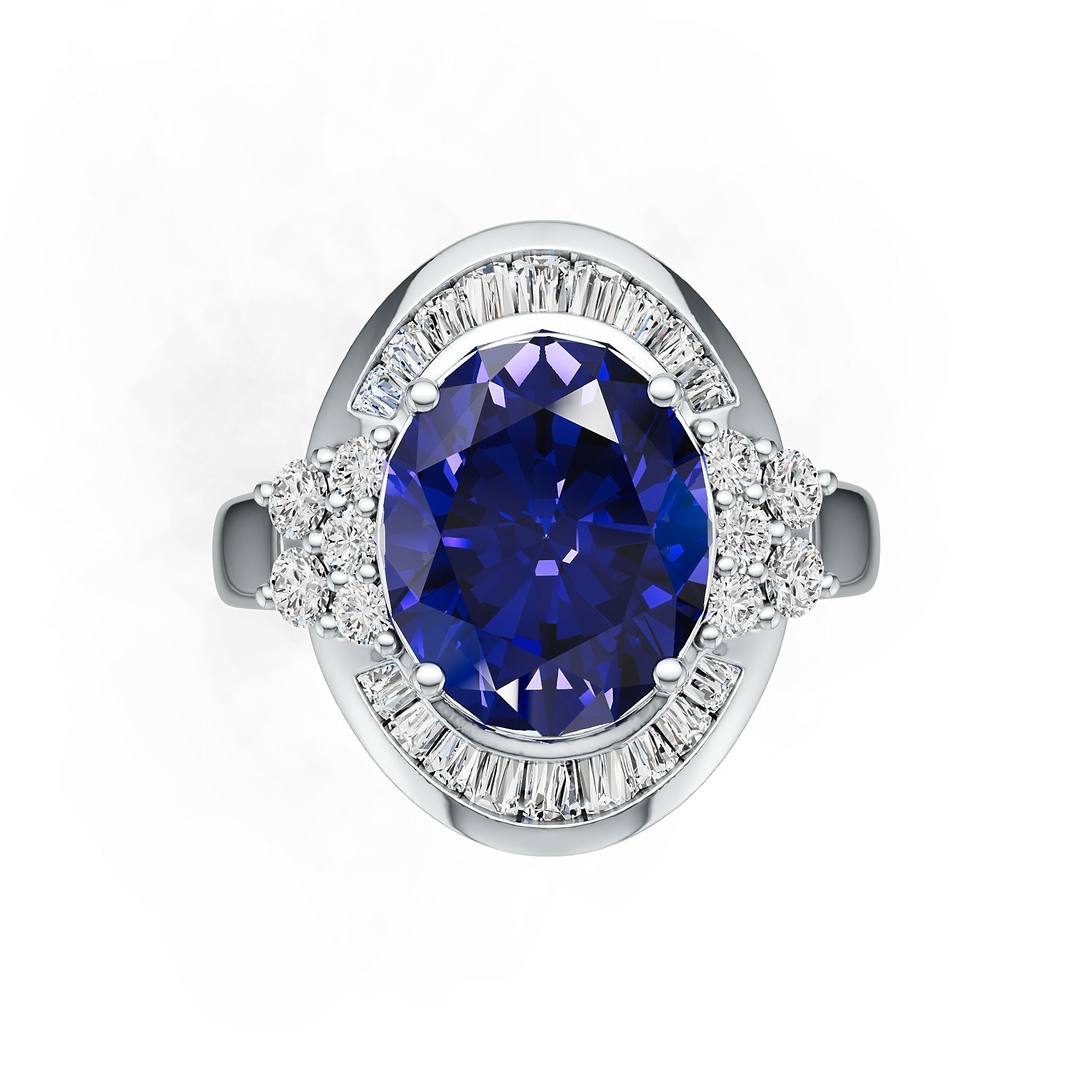18K Gold Semi Mount Ring Setting Oval OV 12X10mm Cabochon Baguette Halo Diamond Accent DHJ