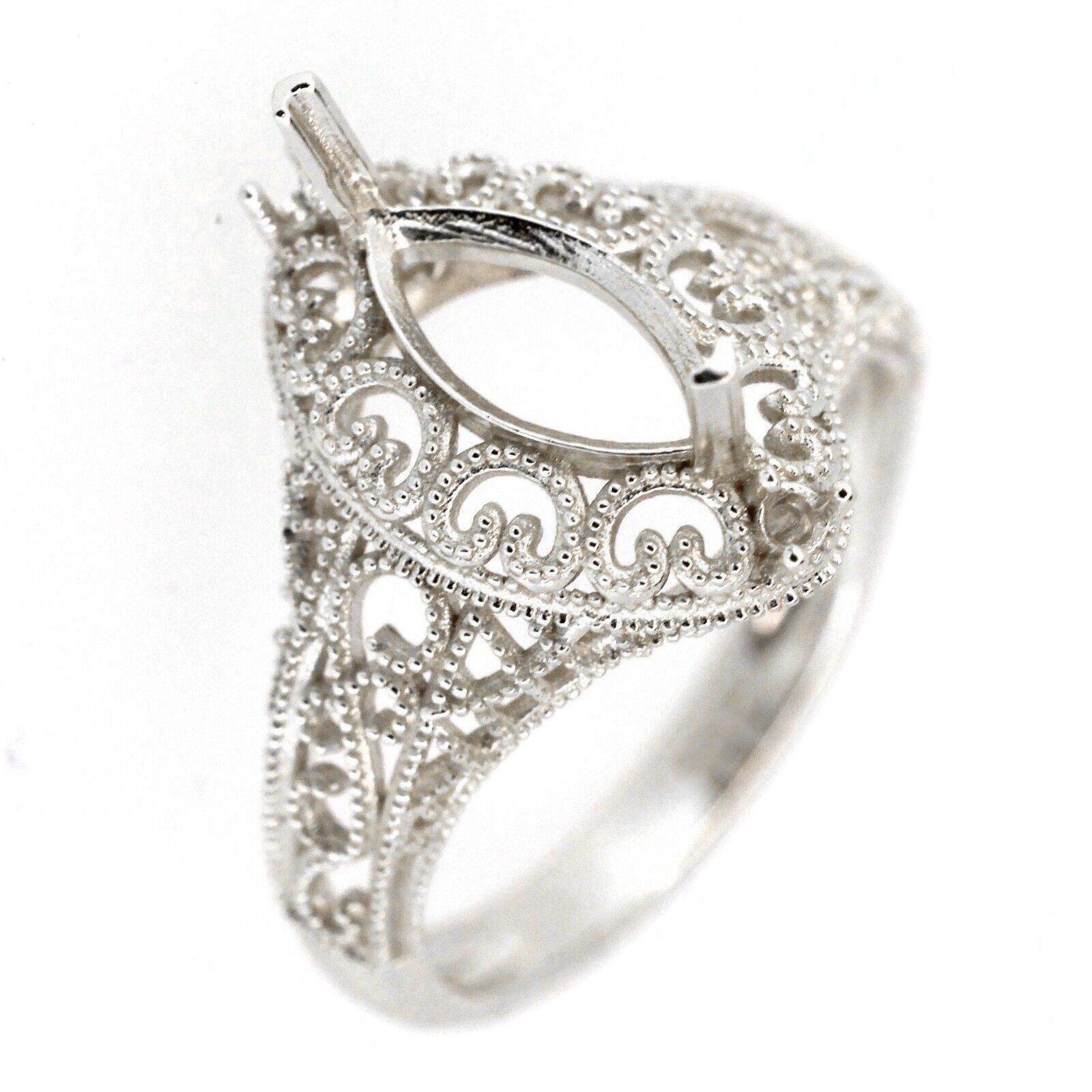 18K Gold Semi Mount Ring Setting Marquise MQ 10x5mm Art Deco Style Diamond Accent Syzjewelry