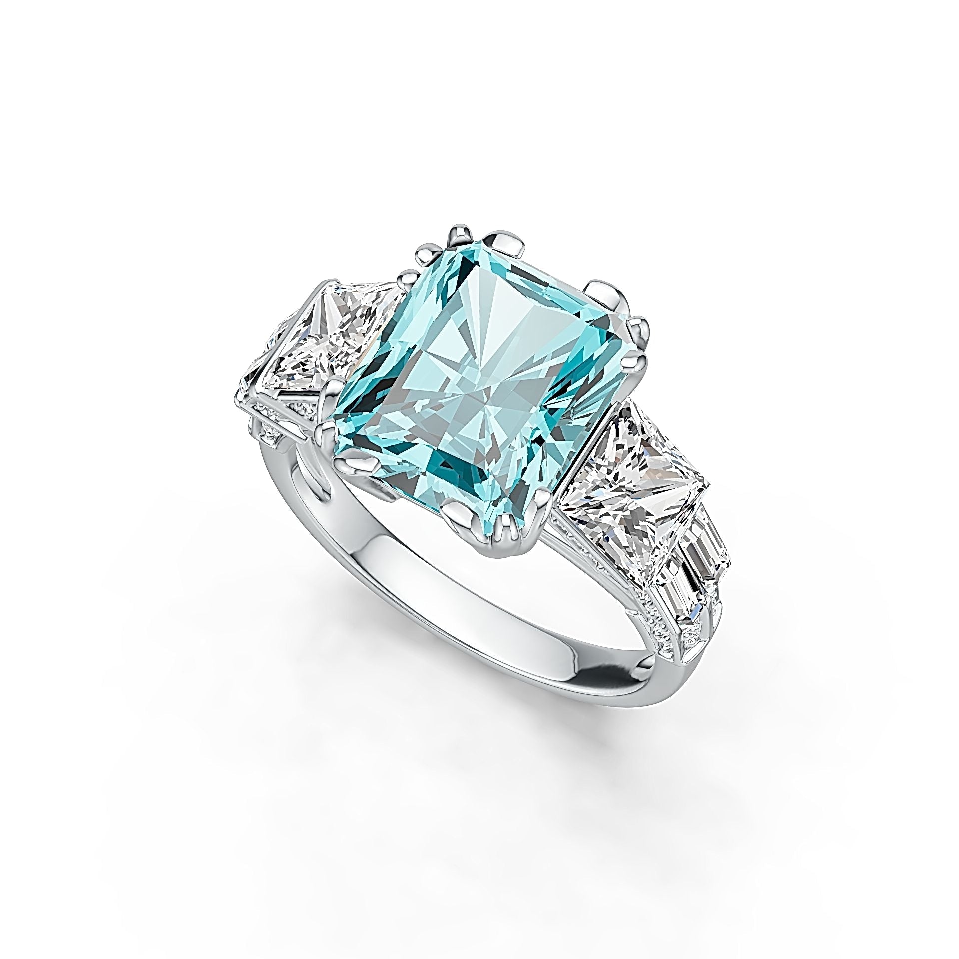 10K Gold Semi Mount Ring Setting Emerald OCT 12x10mm and SQ 6x6mm 3 Stone Ring Moissanite Accent DHJ