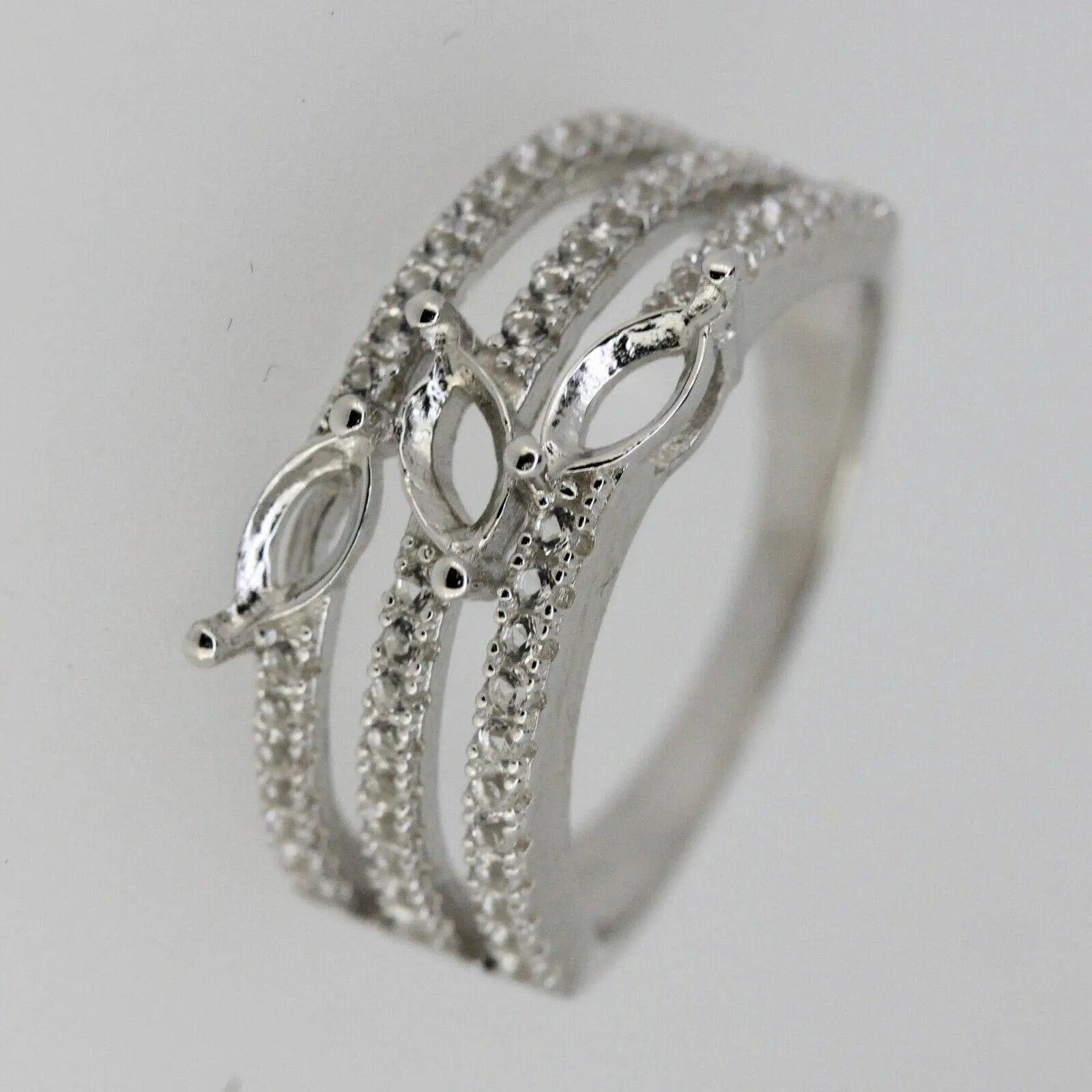 18K Gold Semi Mount Ring Setting Marquise MQ 6X3mm 3 Stone Diamond Accent DHJ