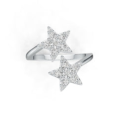 Sterling Silver Ring Double Star Theme Open Cuff with White Topaz or Moissanite DHJ