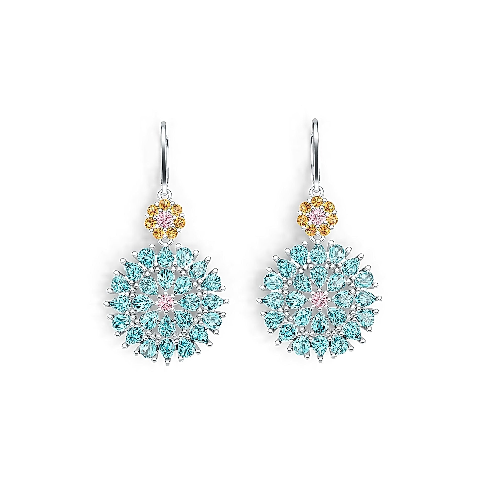 18K Gold Cluster Dangling Earrings with White Topaz or Moissanite Diamond Accent DHJ