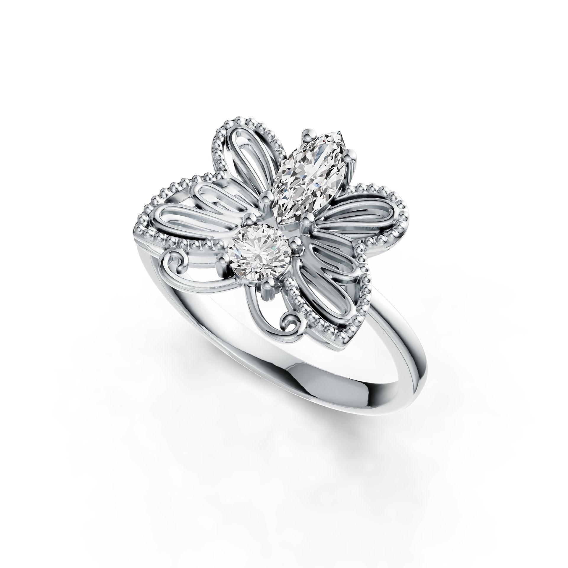 10K Gold Semi Mount Ring Setting Marquise MQ 8X4mm RD 4X4mm Butterfly Theme DHJ