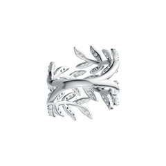 Platinum Ring with White Topaz or Moissanite Leaf-and-Vine Theme Bypass Diamond Accent DHJ
