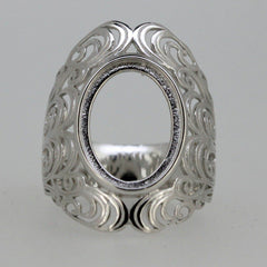 18K Gold Semi Mount Ring Setting Oval OV 15x11mm Cabochon Filigree Syzjewelry