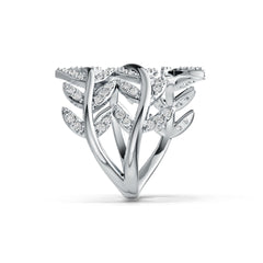 18K Gold Ring with White Topaz or Moissanite Leaf-and-Vine Theme Bypass Diamond Accent DHJ