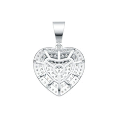 Silver heart-shaped pendant with intricate design on a white background